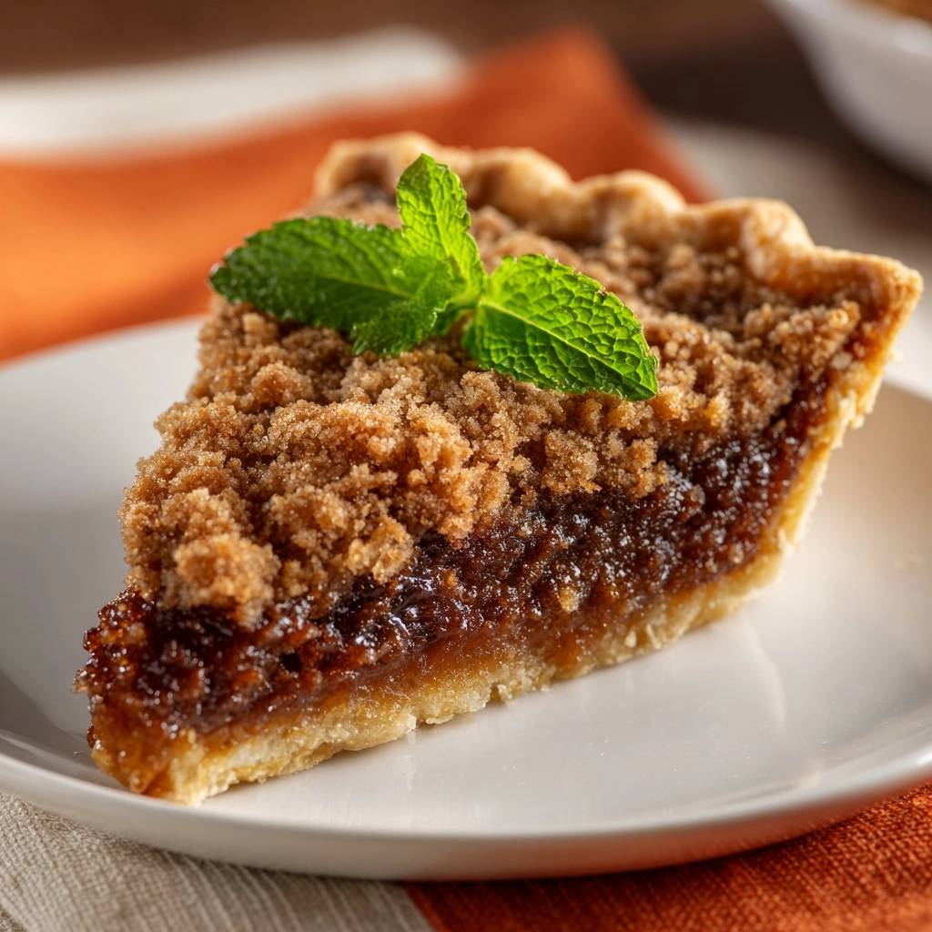 Fudgy crumb pie slice with a fresh mint garnish atop the streusel topping on a white plate.