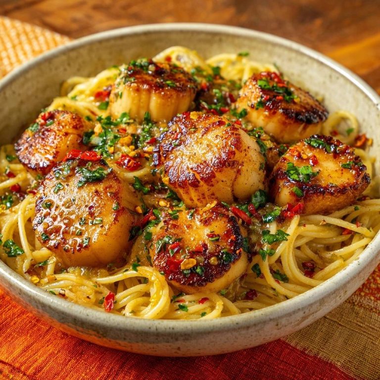 Garlic chili scallops over angel hair pasta served in a rustic bowl, garnished with parsley and chili flakes.