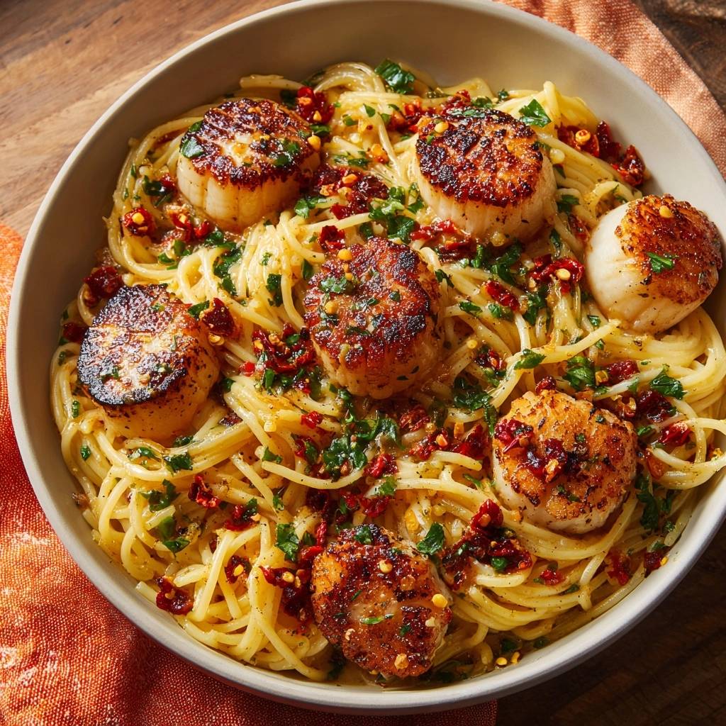 Garlic chili scallops over angel hair pasta served in a bowl, viewed from directly overhead.