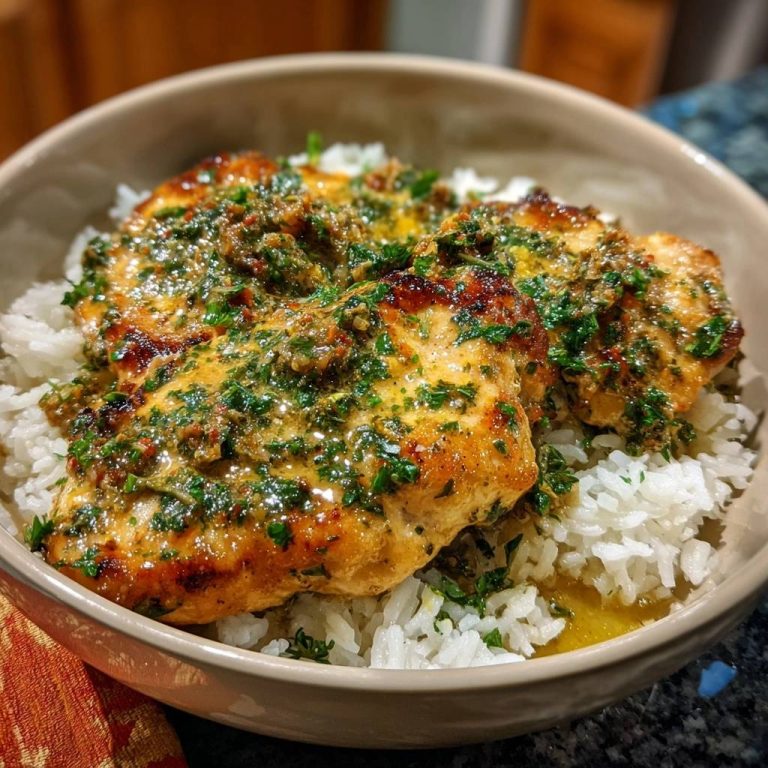 Garlic herb chicken over rice features juicy thighs with a vibrant herb sauce, presented in a close-up view.