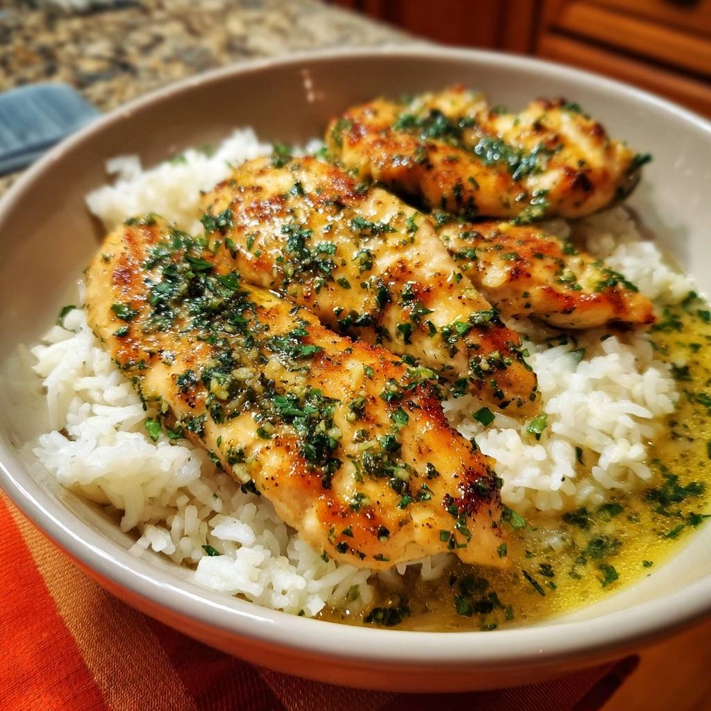 Garlic herb chicken thighs over rice served in a bowl with a glistening sauce and fresh parsley garnish.