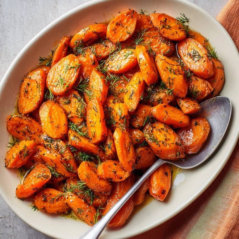 Glazed baby carrots with fresh dill served in an oval dish with a large spoon, ready to be served.
