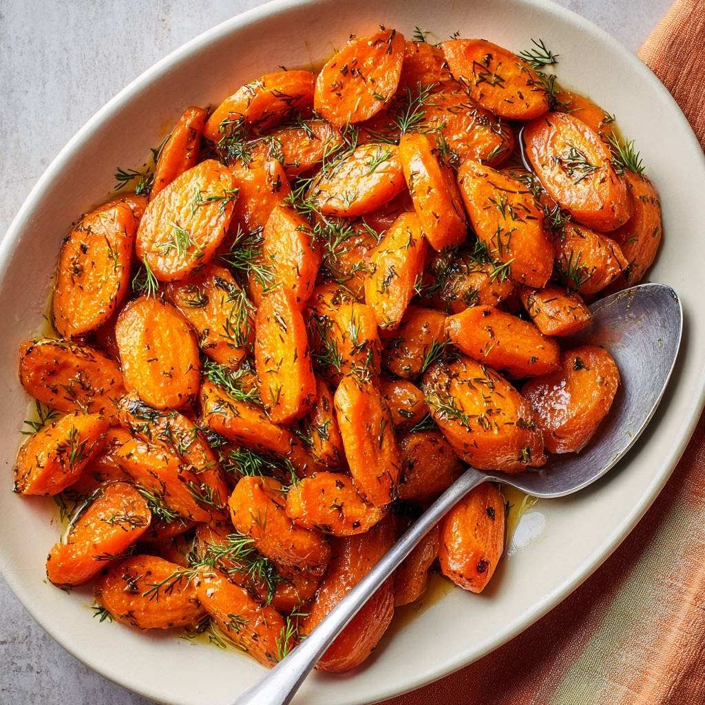 Glazed baby carrots with fresh dill served in an oval dish with a large spoon, ready to be served.