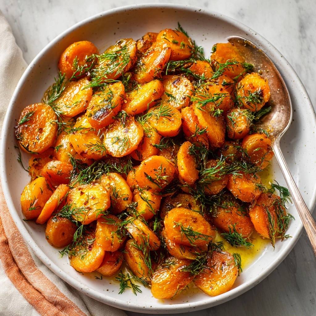 Glazed baby carrots with fresh dill served in a white bowl, seen from an overhead perspective with a spoon.