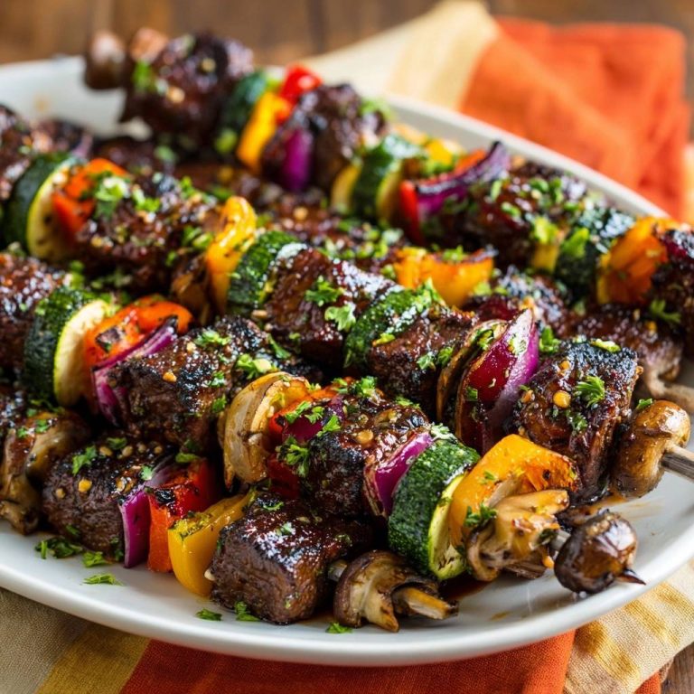 Glazed beef & veggie skewers served close-up on a white plate, showcasing tender meat and colorful grilled vegetables.