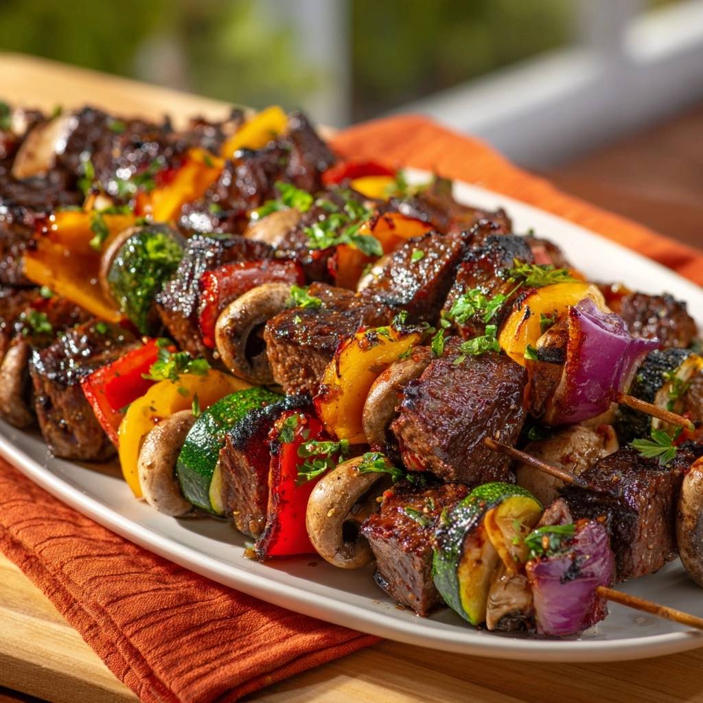 Glazed beef & veggie skewers shown up close on a platter with colorful bell peppers, zucchini, mushrooms, and red onion.