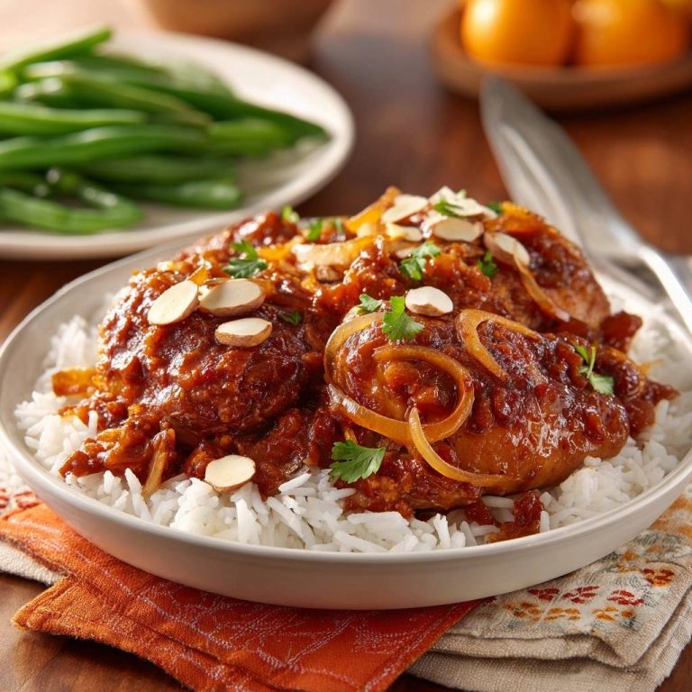 Glazed chicken thighs with caramelized onions and almonds, served over rice and garnished with sliced almonds.