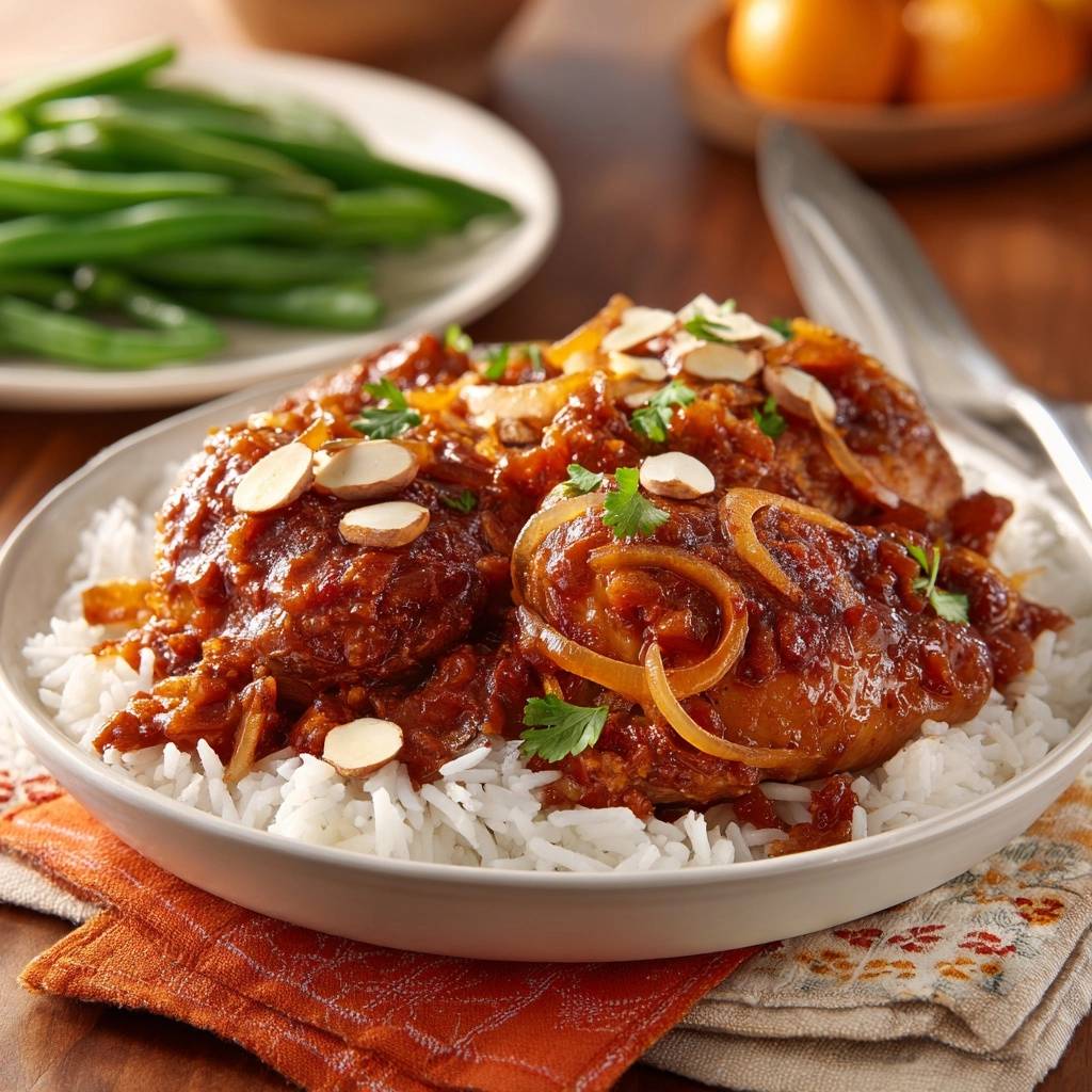 Glazed chicken thighs with caramelized onions and almonds, served over rice and garnished with sliced almonds.