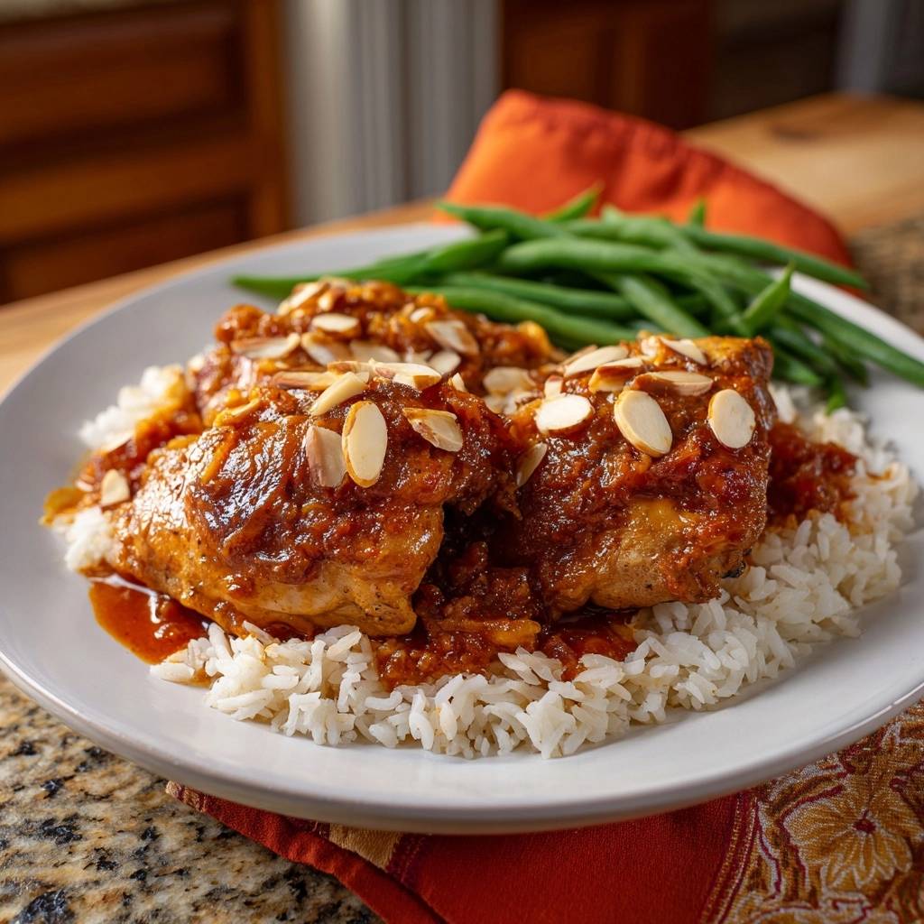 Glazed chicken thighs with caramelized onions and almonds served over rice with a side of green beans.
