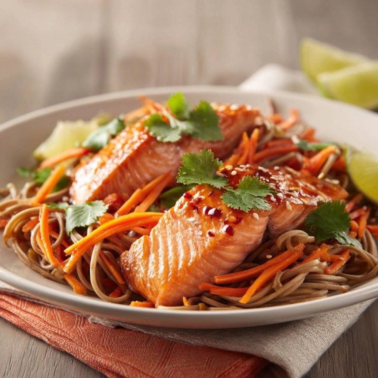 Glazed salmon with soba noodles and carrots served plated with a close-up view showing the glistening glaze and fresh cilantro garnish.