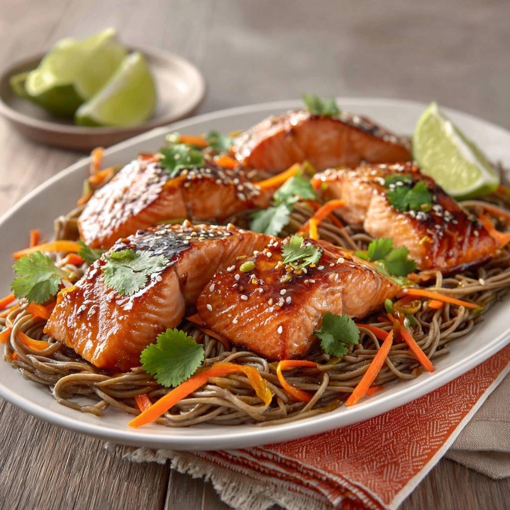 Glazed salmon with soba noodles and carrots plated with a close-up view of the glistening glaze and sesame seeds.