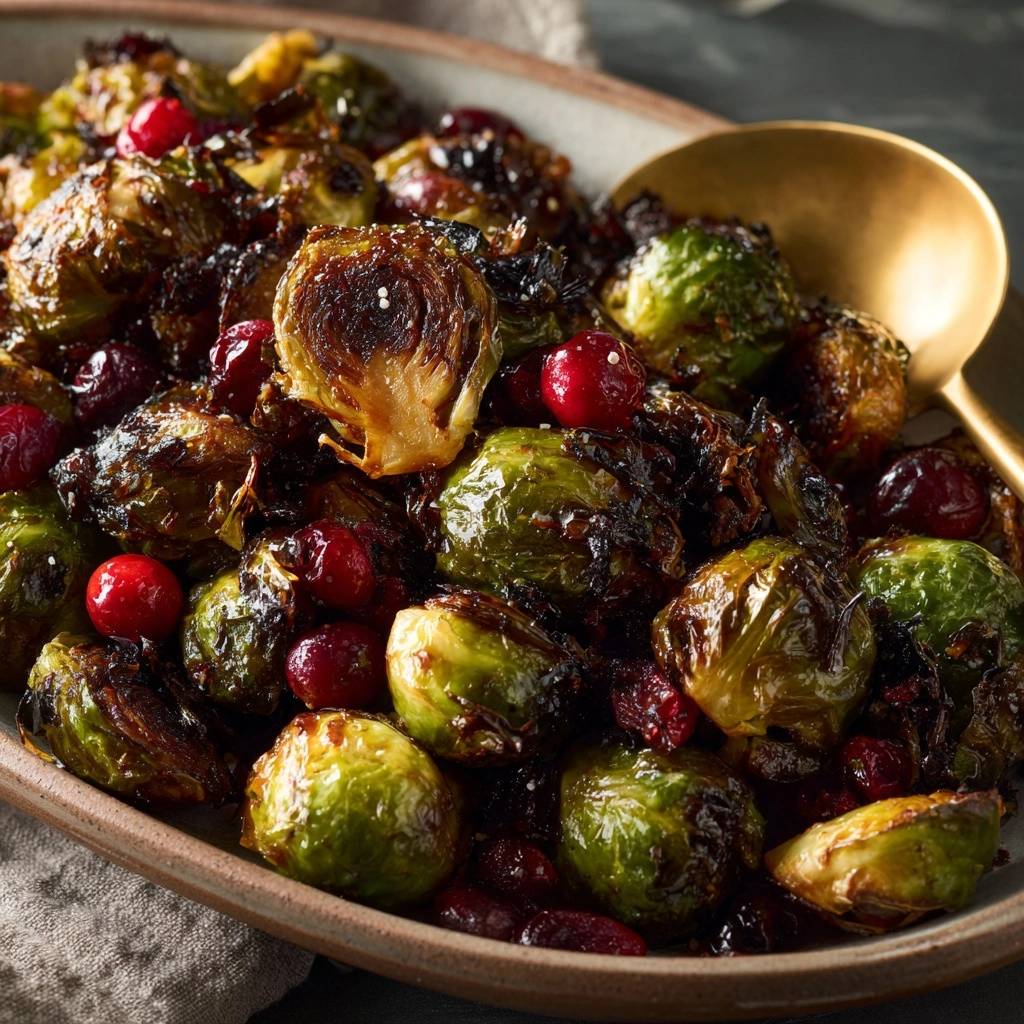 Golden-crisp cranberry Brussels sprouts, a close-up view of the roasted dish with whole and halved sprouts and cranberries.