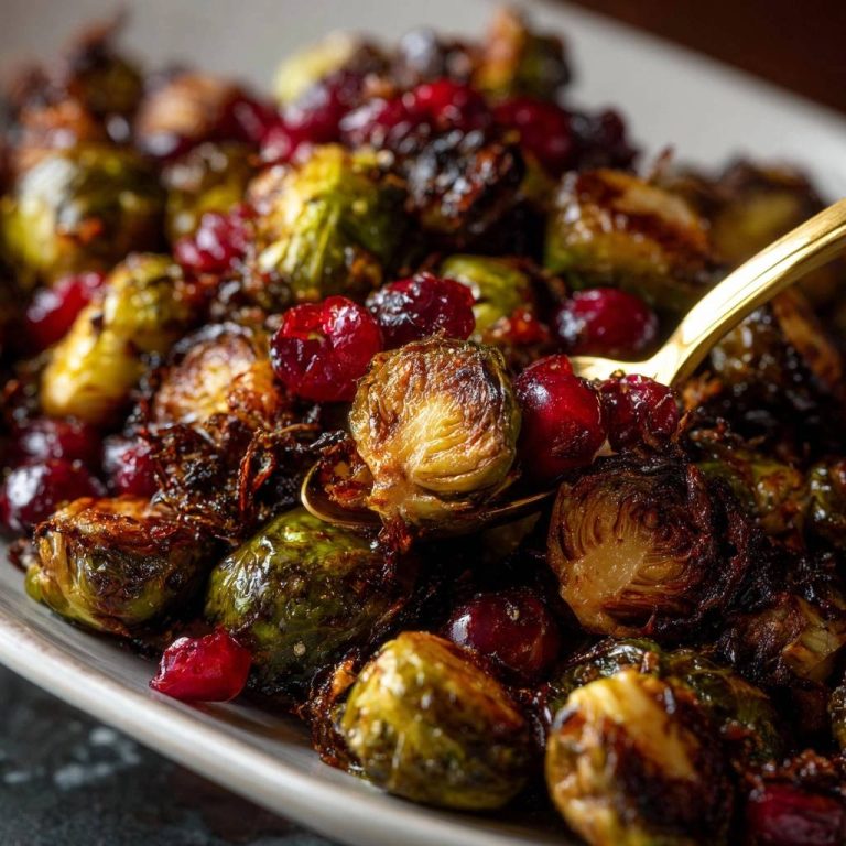 Golden-crisp cranberry Brussels sprouts with a spoonful showing caramelized texture and whole berries.