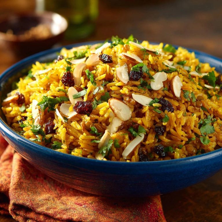 Golden lentil rice, a fluffy dish generously garnished with almonds and raisins, served in a blue bowl.