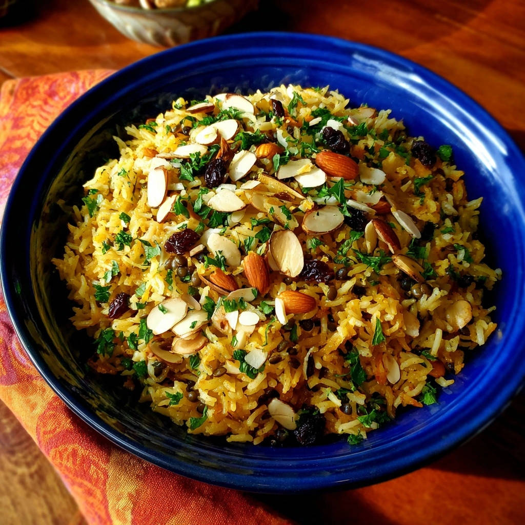 Golden lentil rice garnished with slivered almonds, raisins, and fresh parsley in a blue bowl.