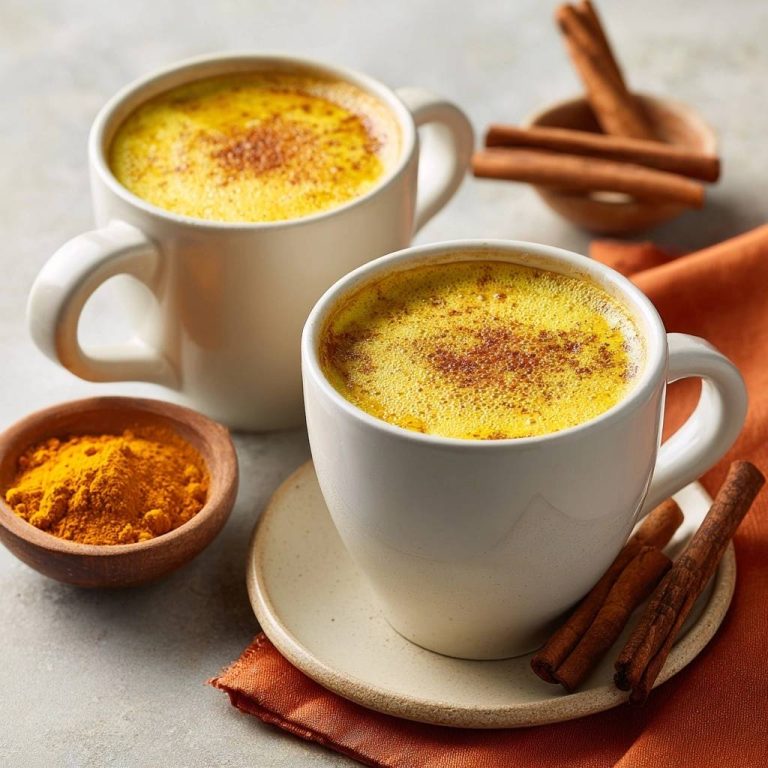 Golden Milk Latte with turmeric and cinnamon served in two white mugs, with a small bowl of turmeric powder and cinnamon sticks.