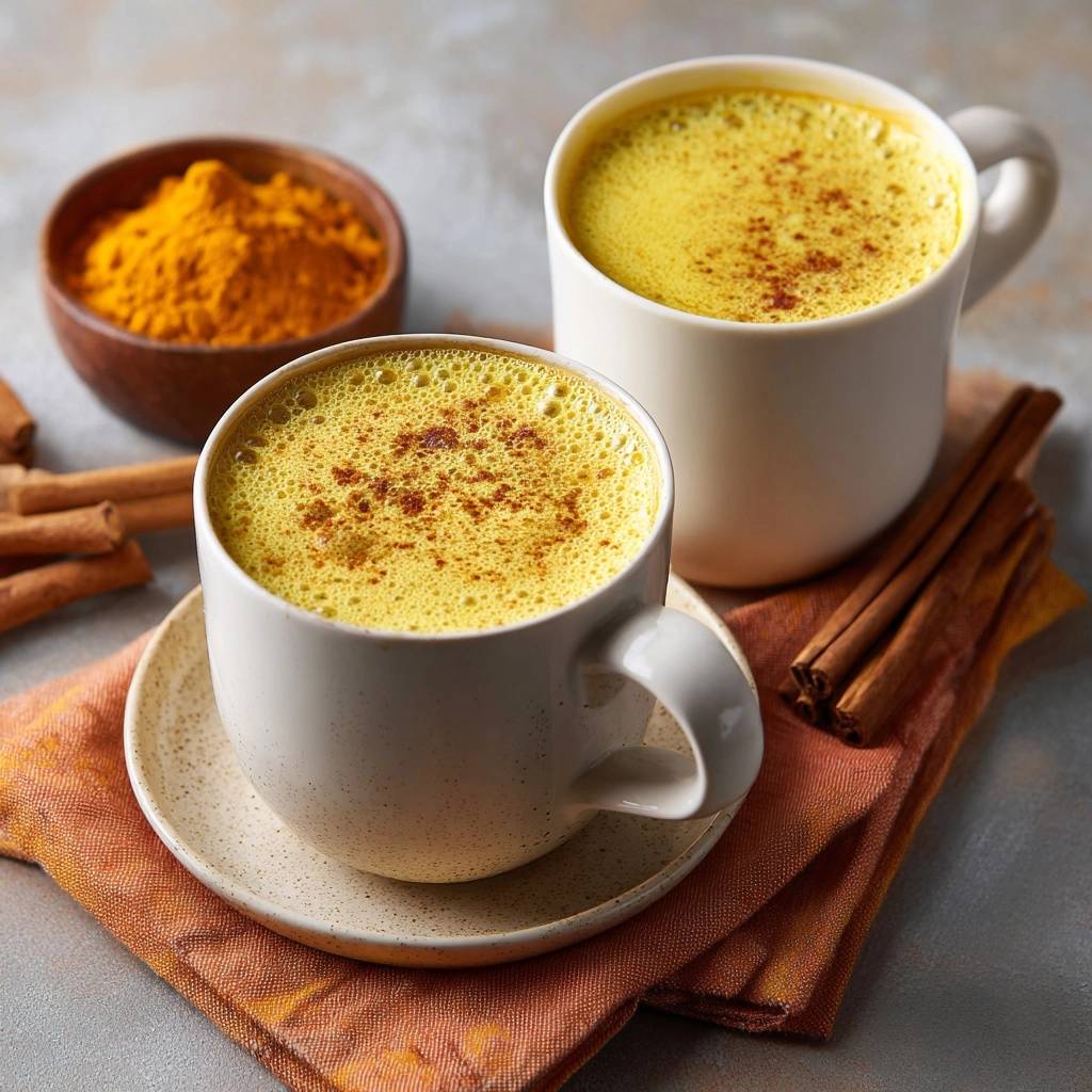 Golden milk latte served in two mugs, with a bowl of turmeric powder and cinnamon sticks.