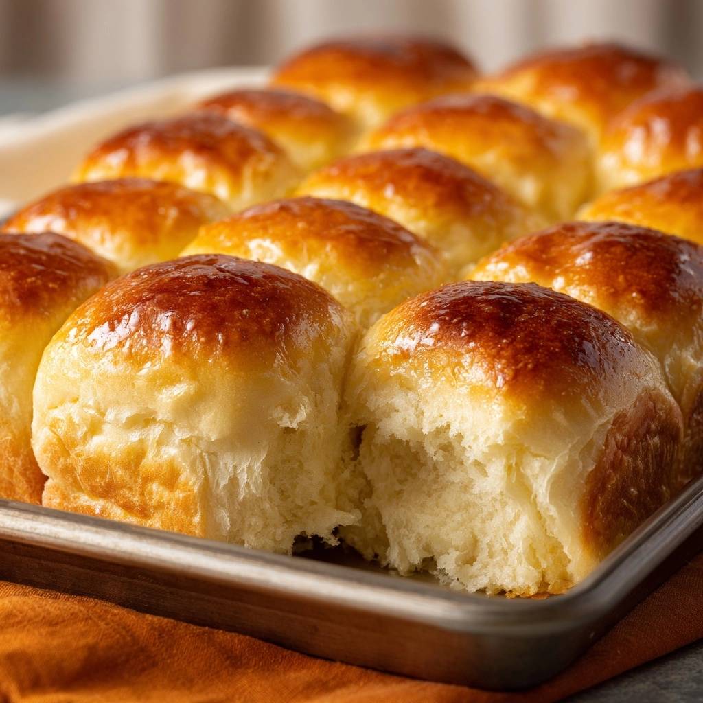 Golden pull-apart dinner rolls shown in a baking pan with a close-up view of their soft, fluffy interior.