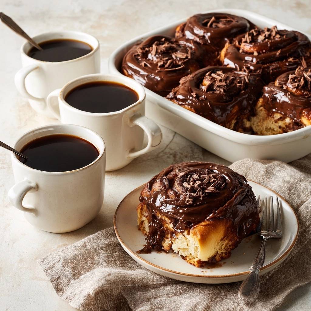 Gooey chocolate skillet rolls with tangzhong magic, showing a single plated roll with a bite taken out.