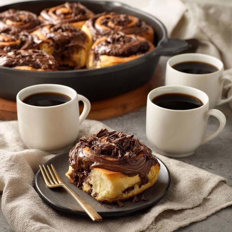 Gooey chocolate skillet rolls with tangzhong magic, one serving plated with a fork and coffee.