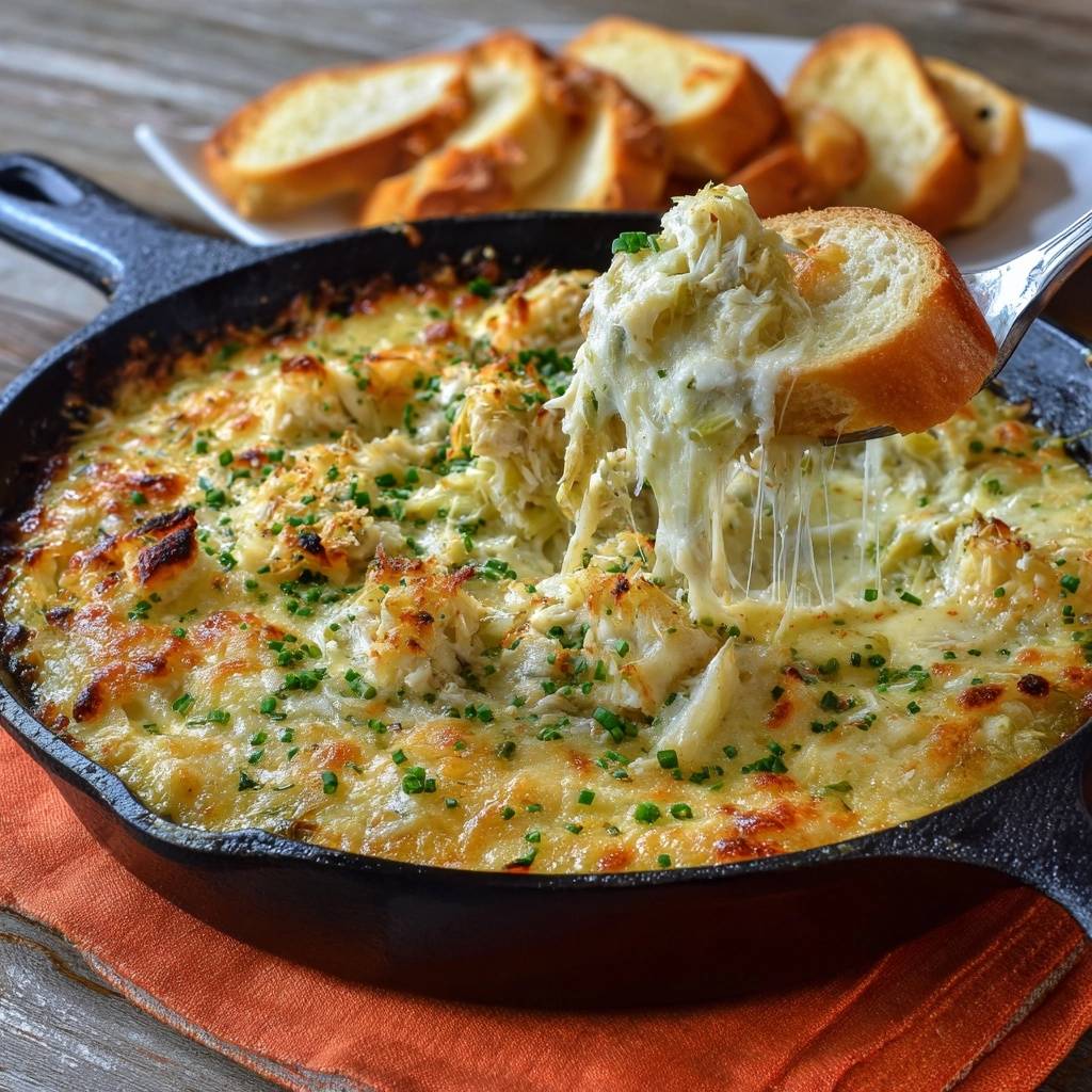 Gooey skillet crab dip being scooped with a piece of crusty bread, showing thick cheese pulls.