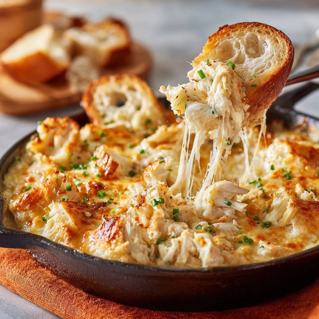 Gooey skillet crab dip with a piece of bread pulling out the cheesy topping and showing the rich texture.