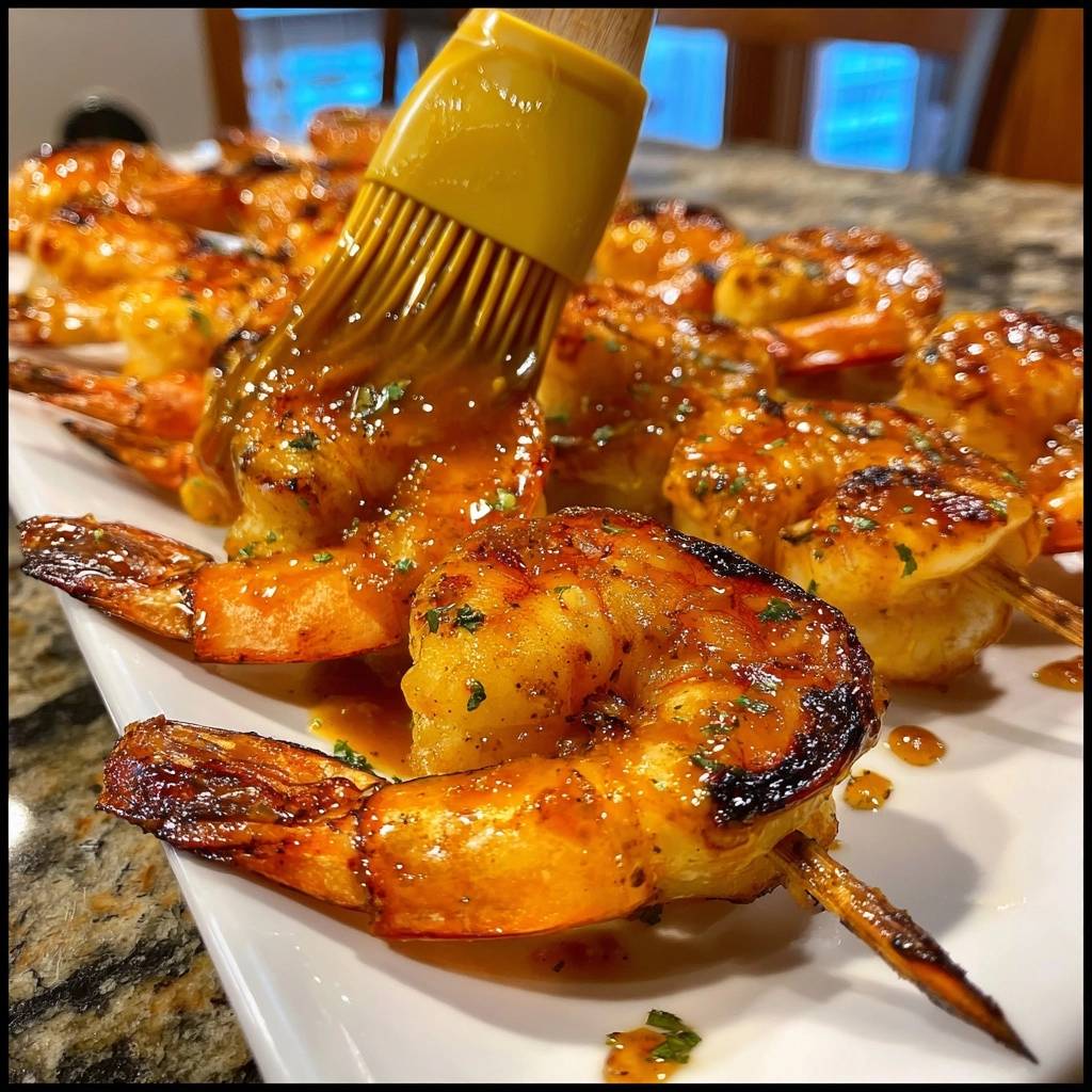 Grilled glazed shrimp being brushed with a glossy glaze, showcasing the juicy texture.