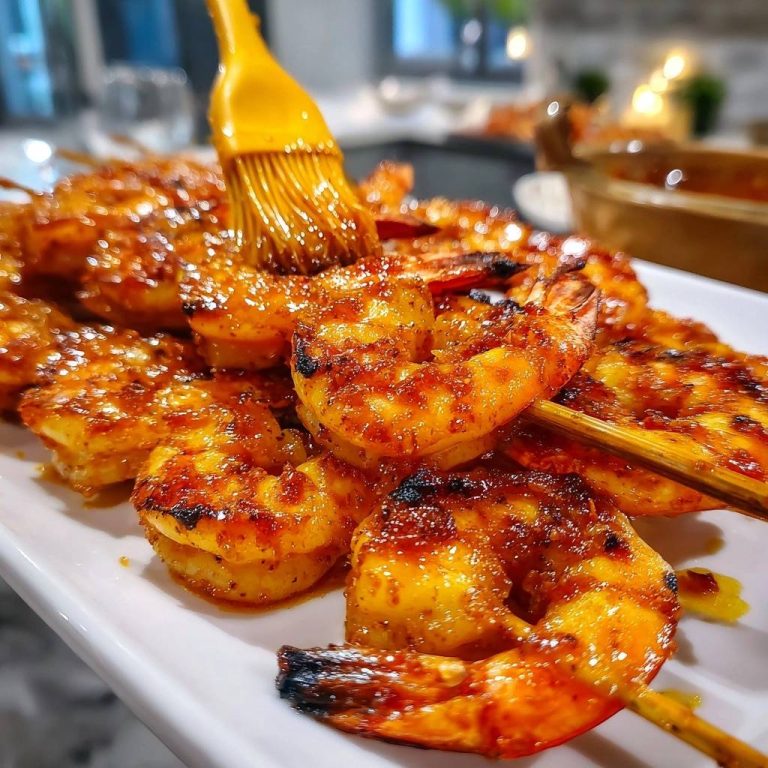 Grilled glazed shrimp being brushed with a shiny glaze, showcasing juicy perfection on skewers.
