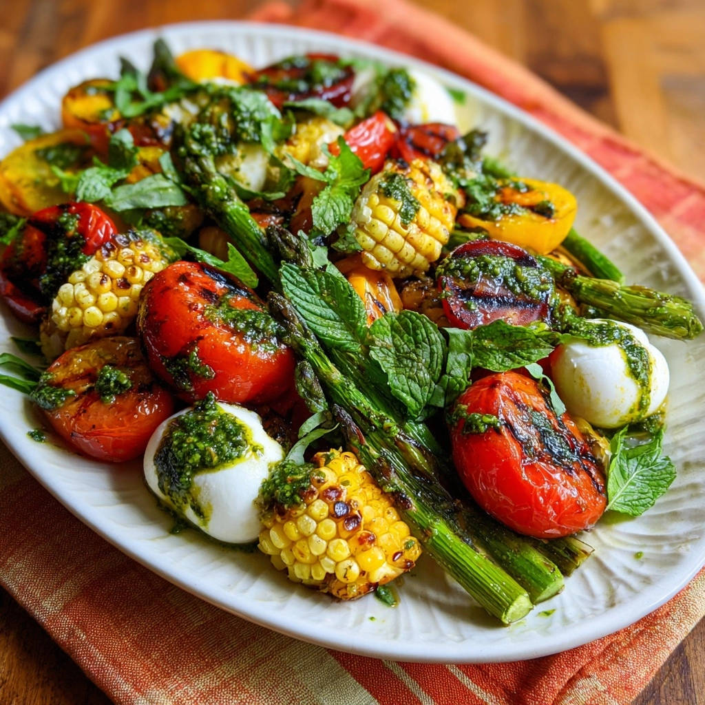 Grilled summer veggie & mozzarella plate featuring charred tomatoes, corn, and asparagus drizzled with pesto.