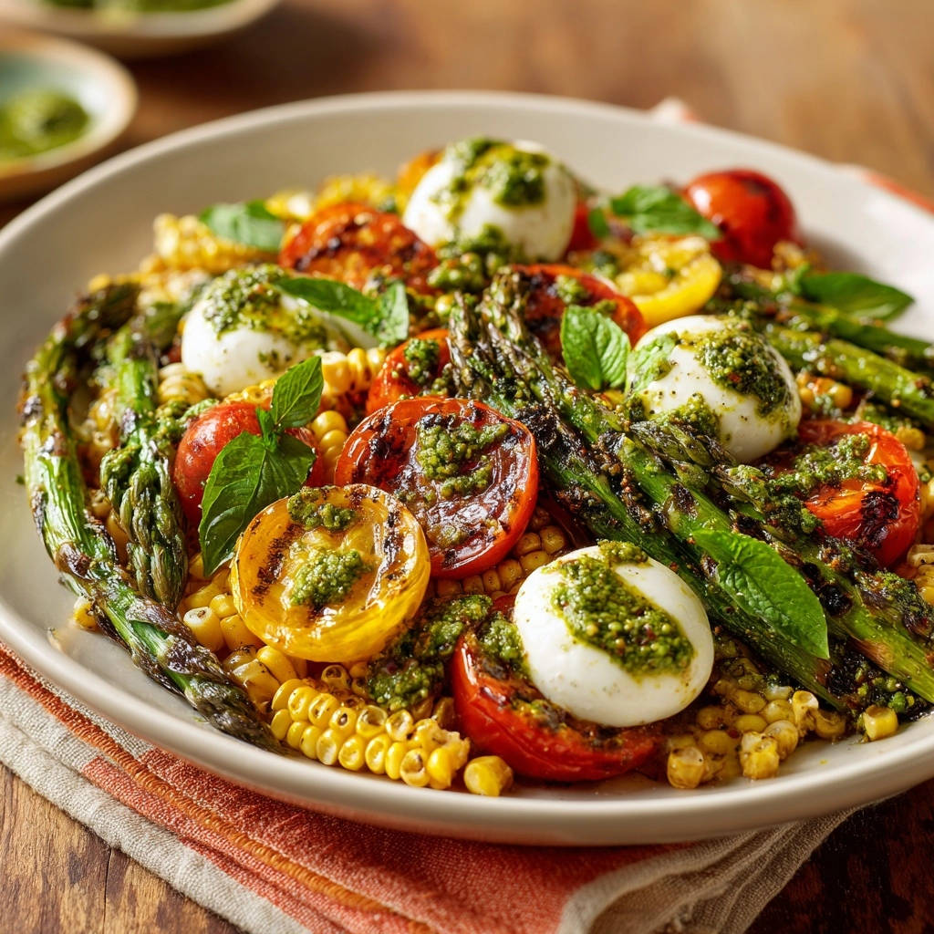 Grilled summer veggie and mozzarella plate close-up, drizzled with vibrant green pesto sauce.
