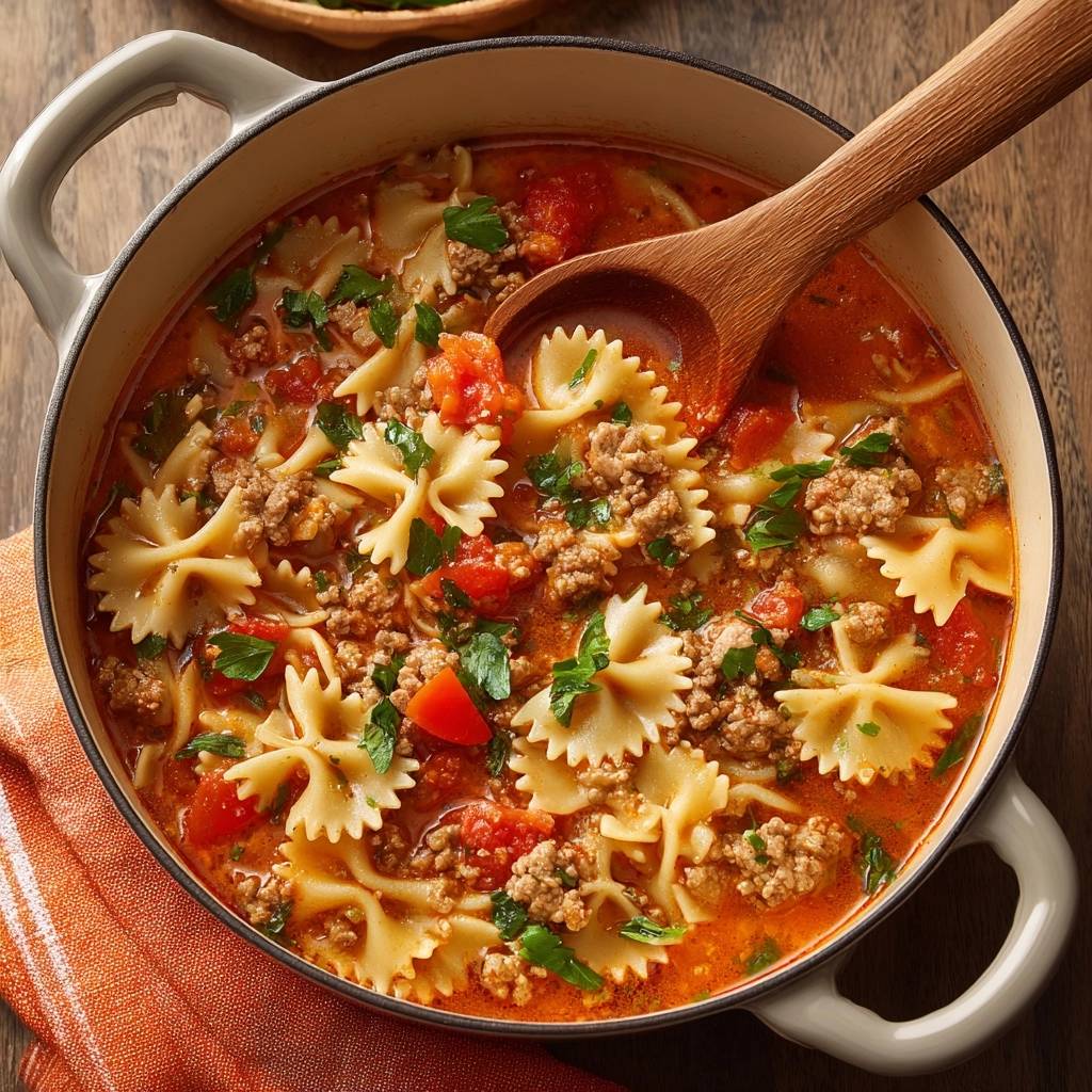 Hearty beef bowtie tomato soup shown from an overhead view in a Dutch oven with a wooden spoon.