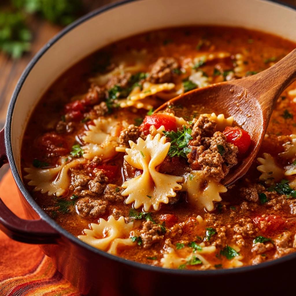 Hearty beef bowtie tomato soup shown in a spoonful detail with pasta, ground beef, and tomatoes.