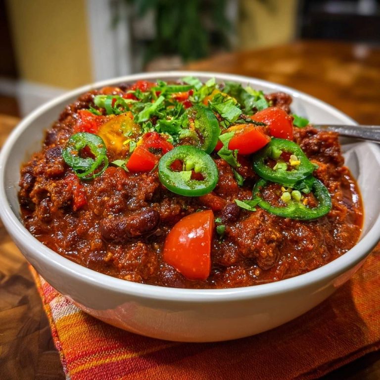 Hearty beef chili, a thick and flavorful dish, served generously in a white bowl and topped with fresh jalapeños, tomatoes, and cilantro.