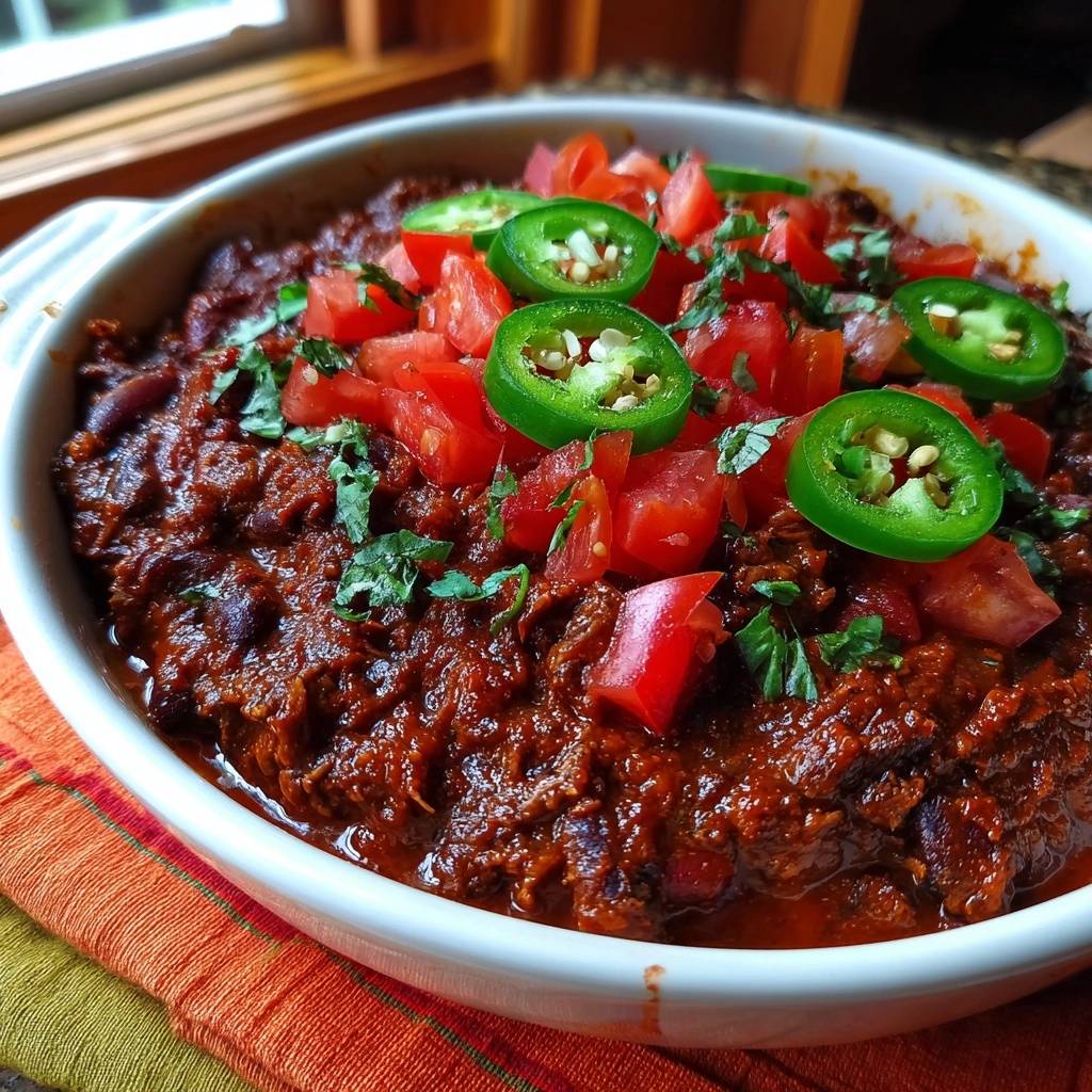 Hearty beef chili generously garnished with fresh tomatoes, jalapeños, and cilantro in a white bowl.