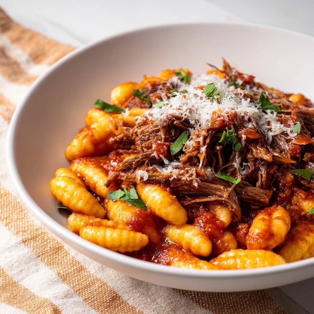 Hearty beef ragu with gnocchi served in a white bowl, generously topped with shredded beef and grated cheese.
