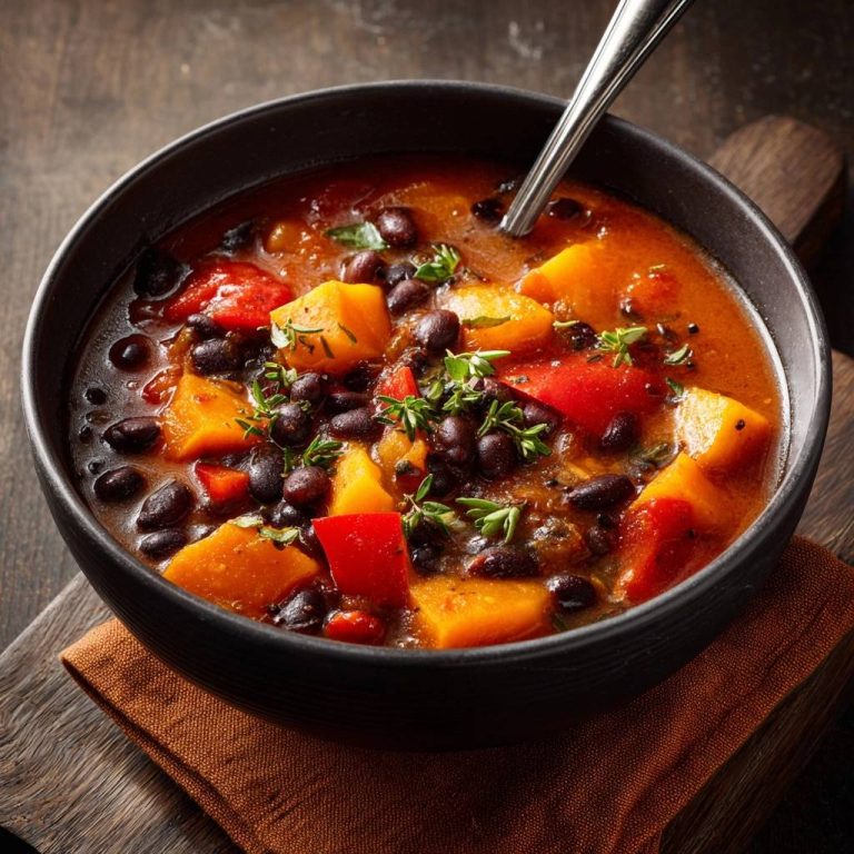 Hearty black bean butternut squash soup shown in a black bowl with fresh thyme garnish and a spoon.