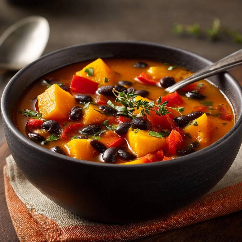 Hearty black bean butternut squash soup in a dark bowl, featuring a close-up view of the chunky ingredients and fresh thyme garnish.
