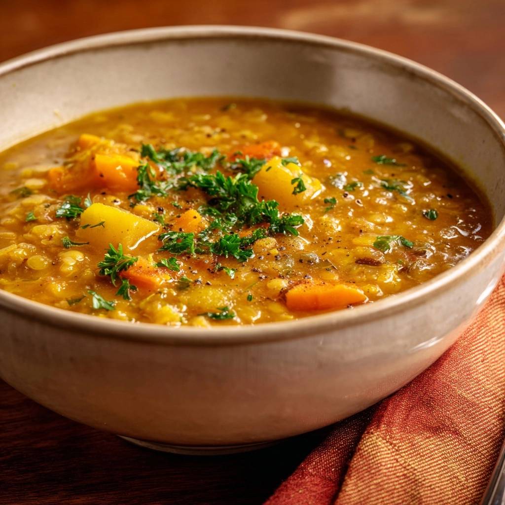 Hearty carrot potato lentil soup in a bowl, generously garnished with fresh parsley and cracked black pepper.