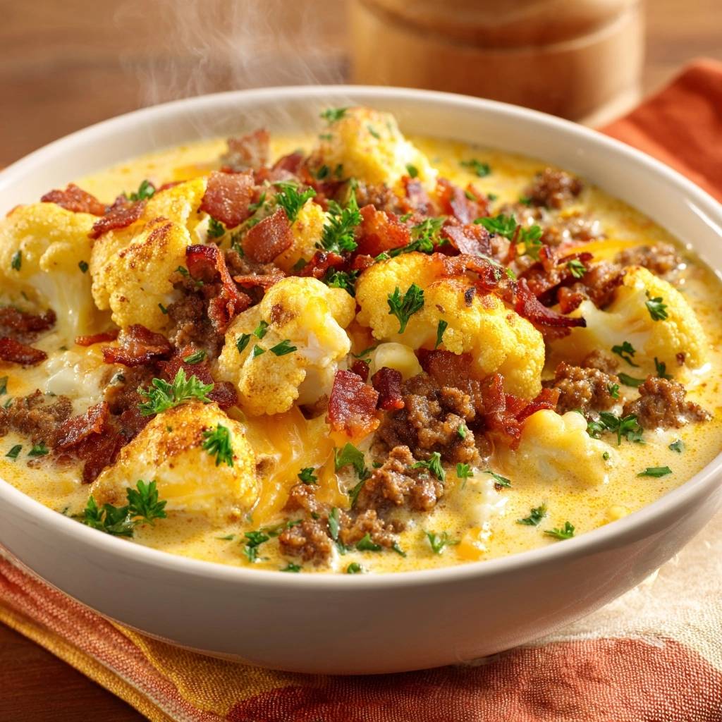Hearty cheesy beef and cauliflower soup in a bowl, topped with crumbled bacon and fresh parsley, with steam rising.