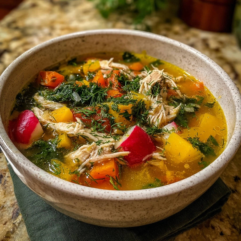 Hearty chicken & dill soup shown in a close-up of a bowl, highlighting the shredded chicken and fresh dill garnish.