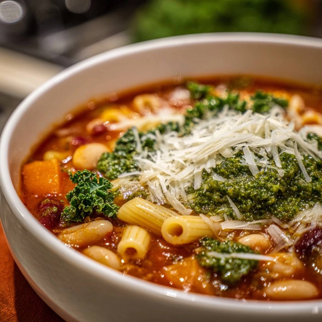 Hearty chickpea pasta soup featuring a close-up view of the pesto and grated cheese garnish.