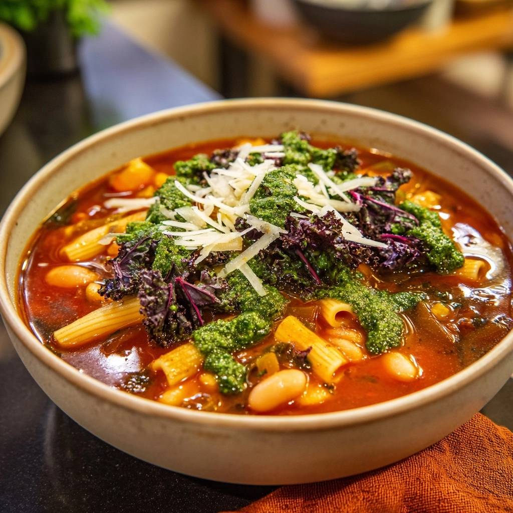 Hearty chickpea pasta soup in a bowl, topped with green pesto, kale, and grated parmesan cheese.