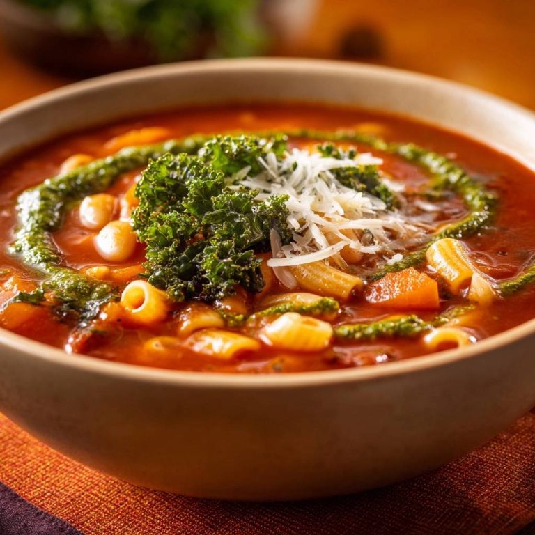 Hearty chickpea pasta soup generously garnished with fresh kale and grated cheese, showcasing its vibrant texture.