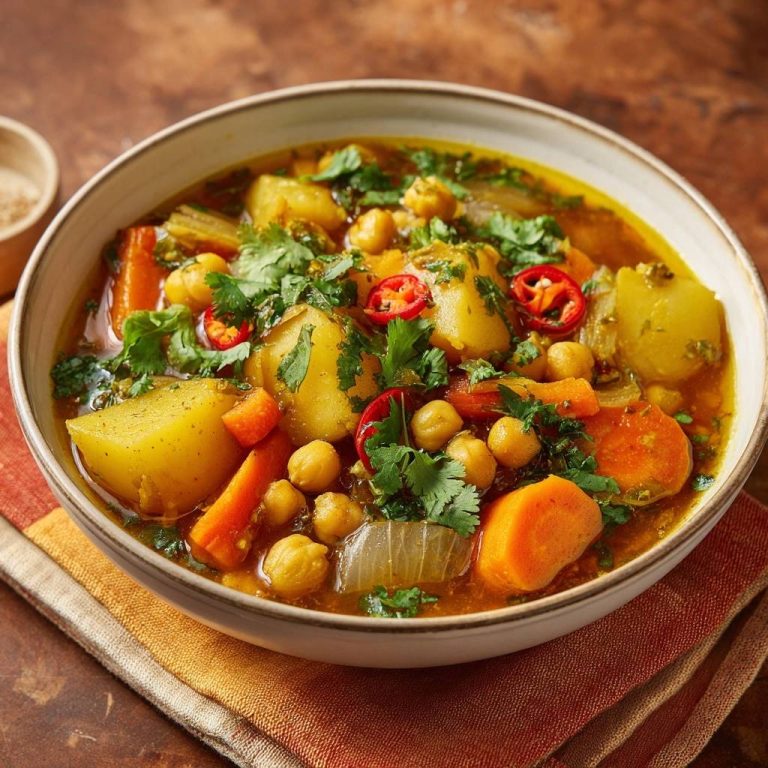 Hearty chickpea potato stew in a bowl, featuring tender potatoes, carrots, chickpeas, and fresh cilantro garnish.