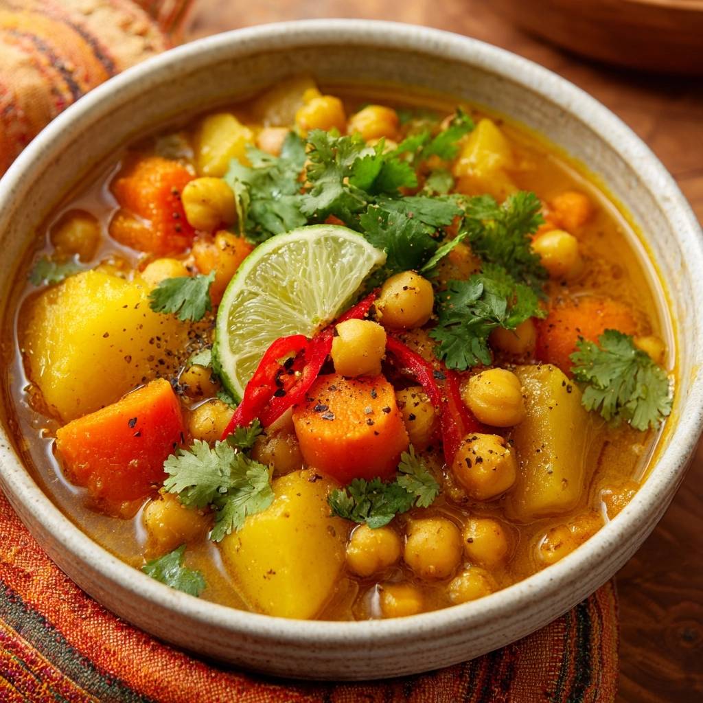 Hearty chickpea potato stew garnished with fresh cilantro, lime wedge, and sliced red chili peppers.