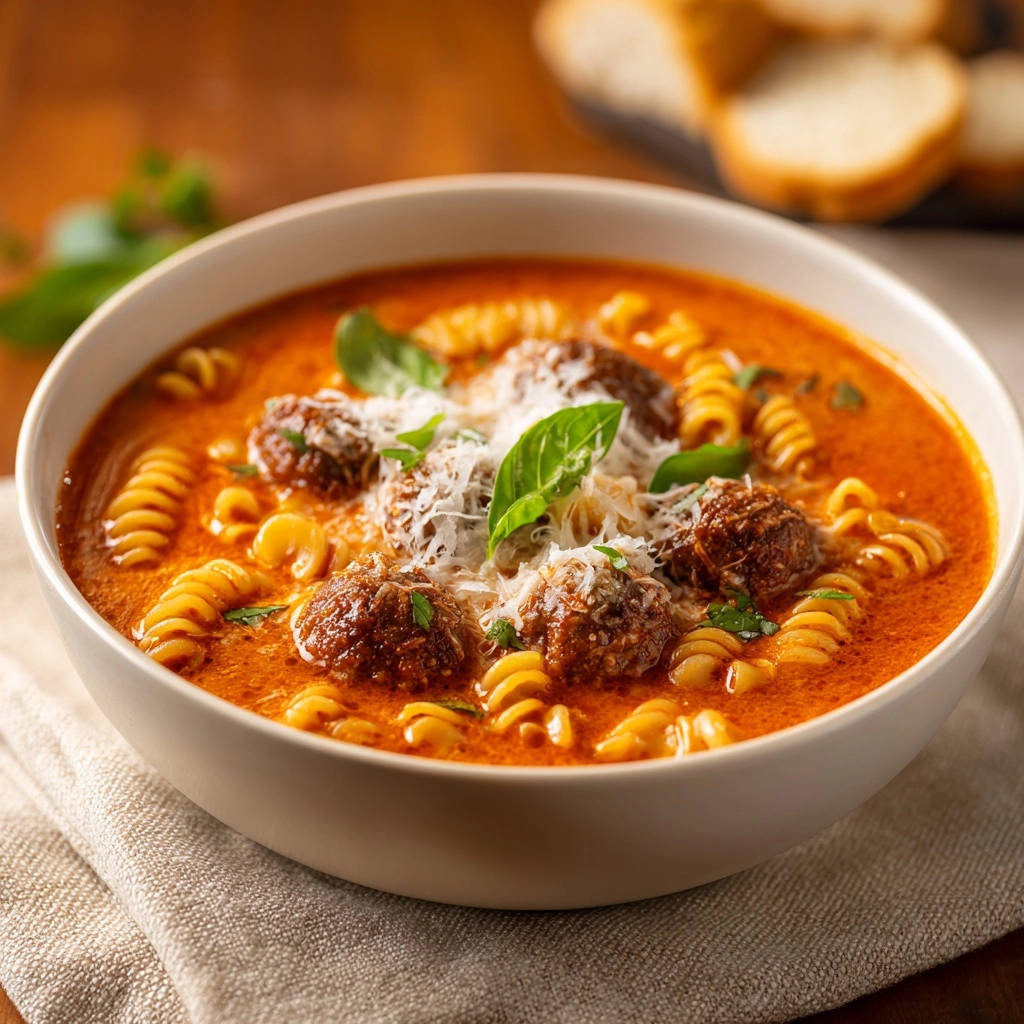 Hearty meatball & fusilli soup in a bowl, showcasing the pasta and meatballs with fresh basil and grated cheese.
