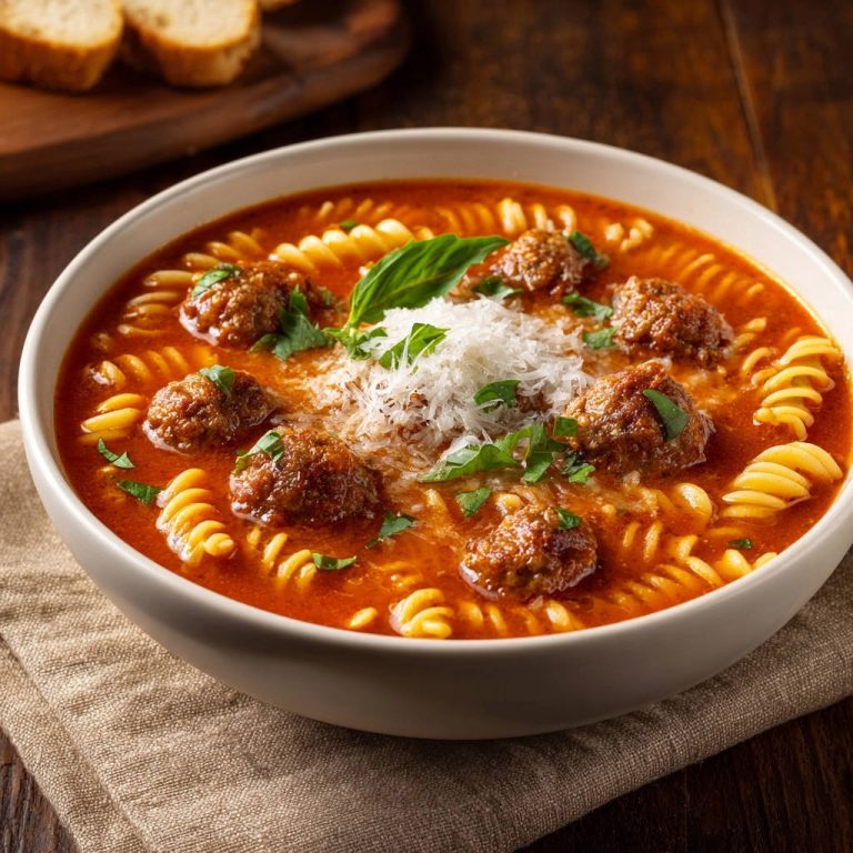 Hearty meatball & fusilli soup in a white bowl, garnished with grated cheese and fresh basil.