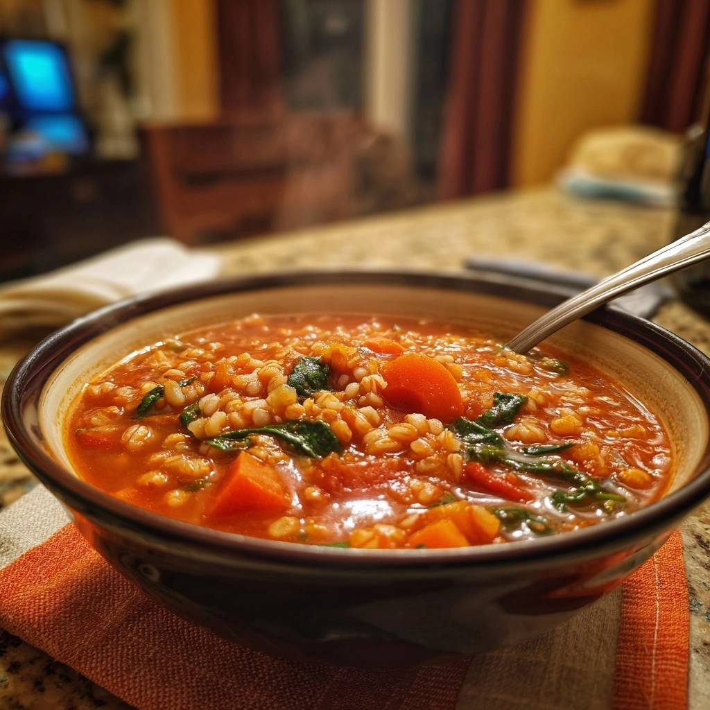 Hearty sweet potato barley spinach soup served steaming in a rustic bowl, showcasing the textures of barley and vegetables.