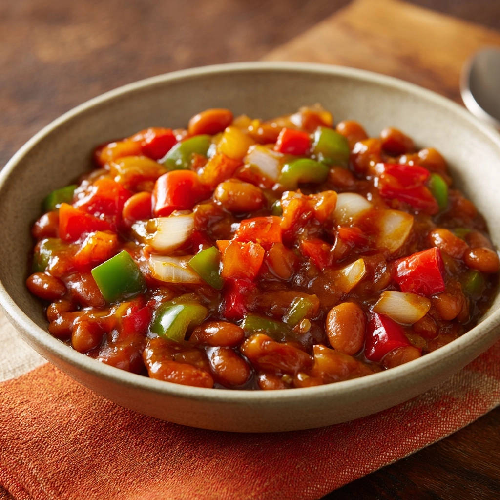 Hearty vegetarian chili with colorful bell peppers and onions served in a rustic bowl, a close-up view.