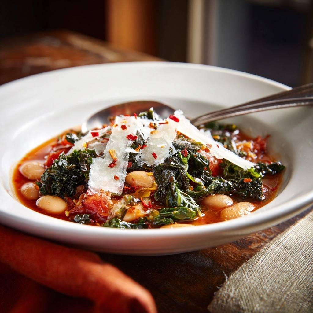 Hearty white bean & greens soup close-up, showing shaved parmesan garnish and chili flakes.